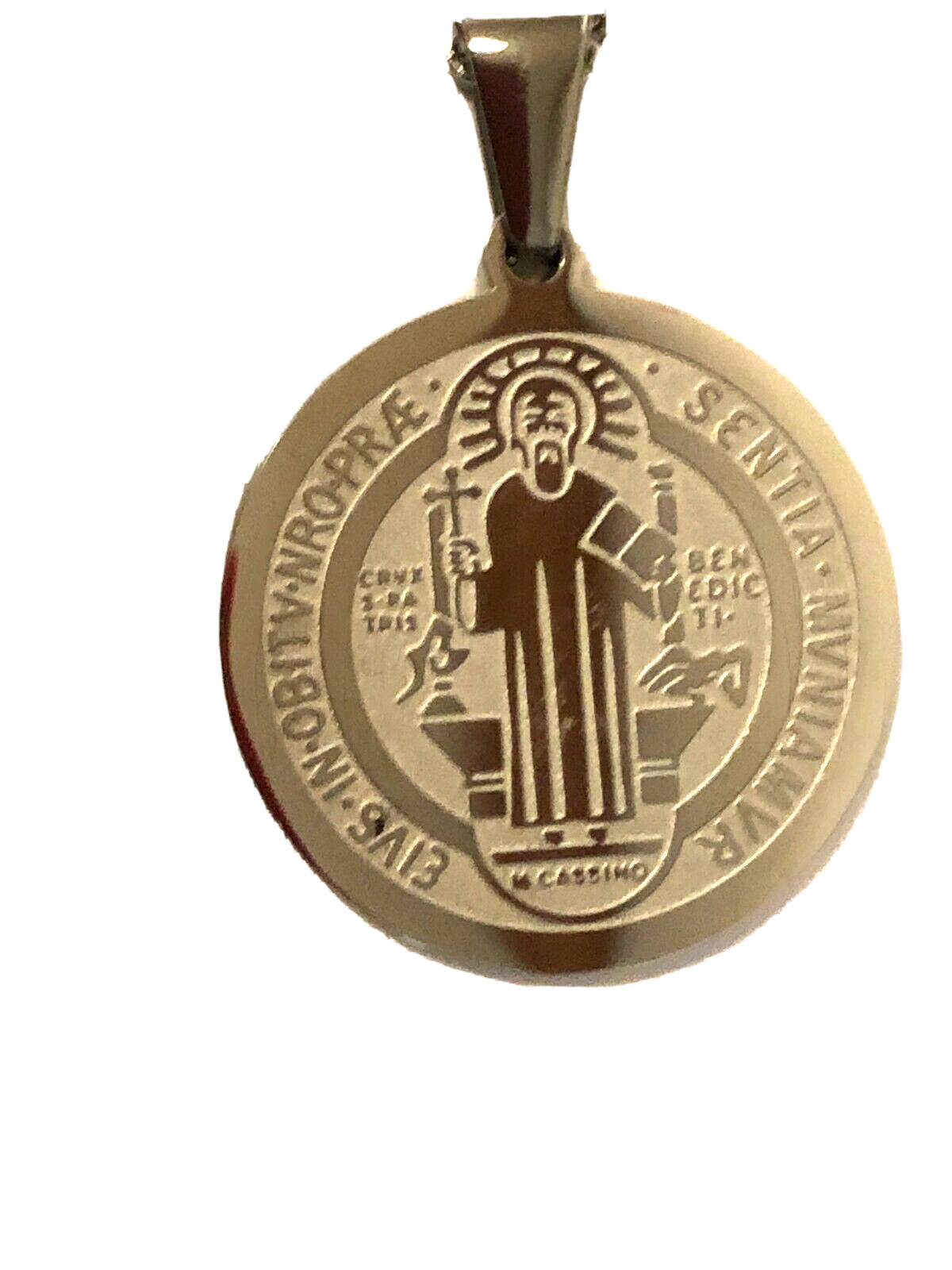 Saint Benedict Laser Engraved Image Silver  Pendant, New - Journeys of Faith