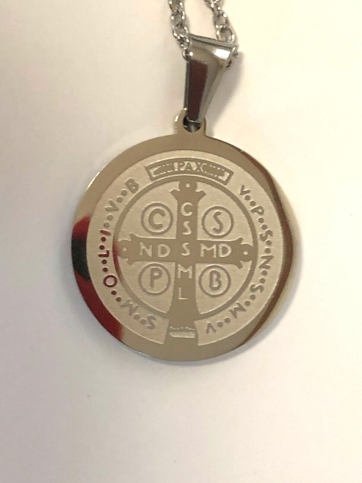 Saint Benedict Laser Engraved Image Silver  Pendant, New - Journeys of Faith