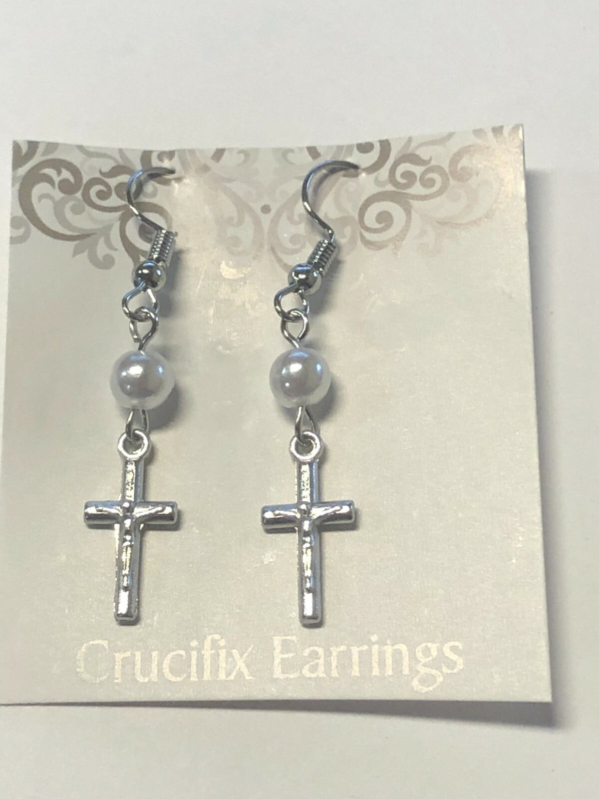 Crucifix & Faux Pearl Earrings, Silvertone, New #MD-048 - Journeys of Faith