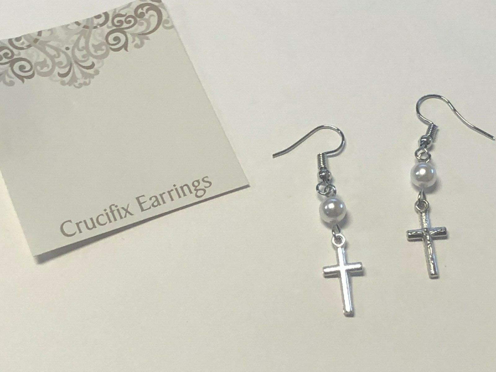 Crucifix & Faux Pearl Earrings, Silvertone, New #MD-048 - Journeys of Faith