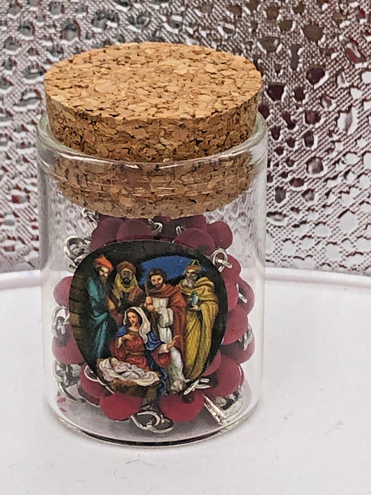 Holy Family Small Rose Scented Wood Bead Rosary in Glass 1 .75" Bottle, New #056 - Journeys of Faith