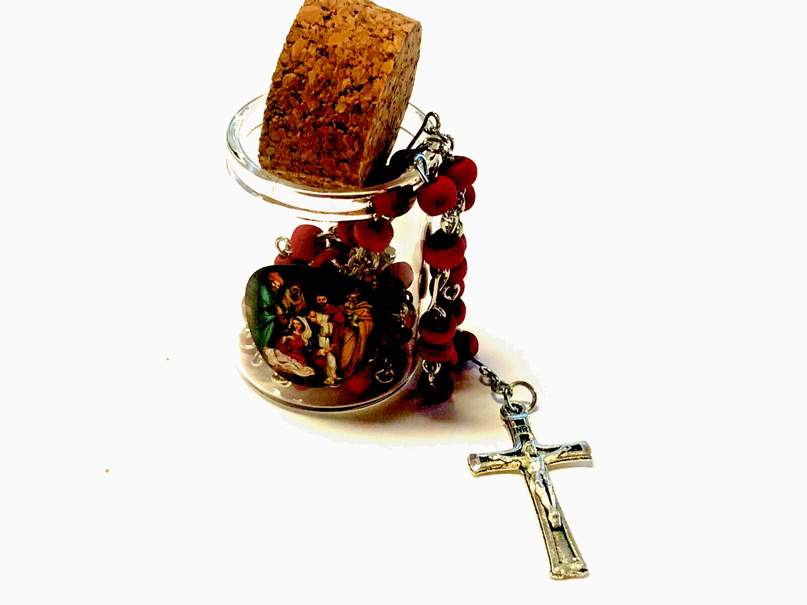 Holy Family Small Rose Scented Wood Bead Rosary in Glass 1 .75" Bottle, New #056 - Journeys of Faith