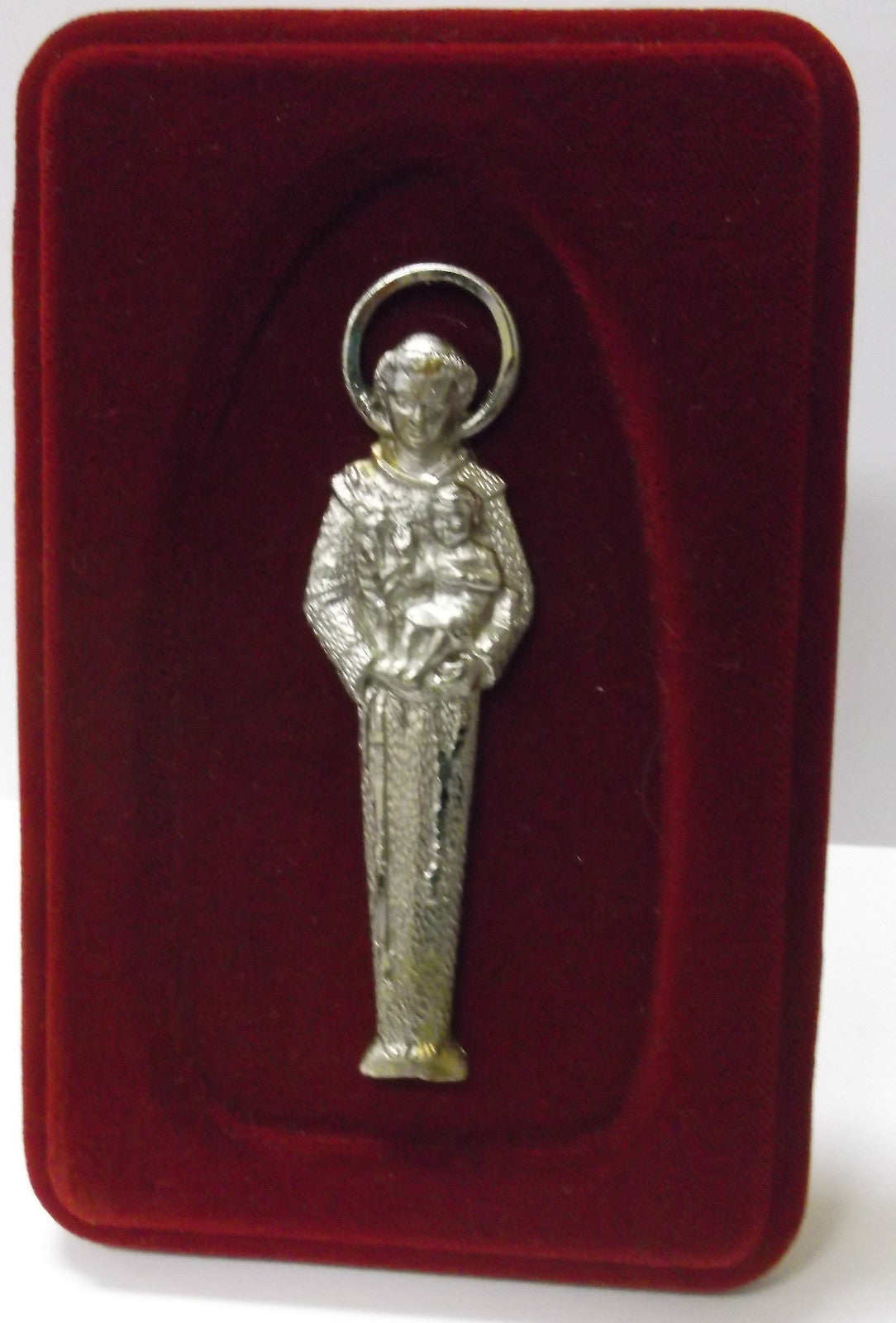 Saint Anthony Pewter Image  Engraved on Red Velvet Frame, New from Italy - Journeys of Faith