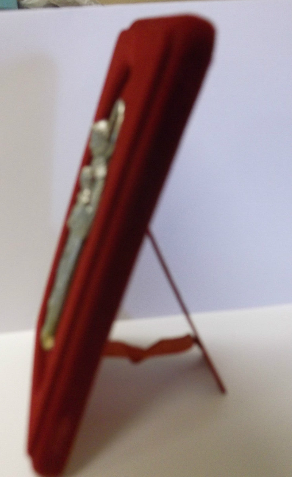 Saint Anthony Pewter Image  Engraved on Red Velvet Frame, New from Italy - Journeys of Faith