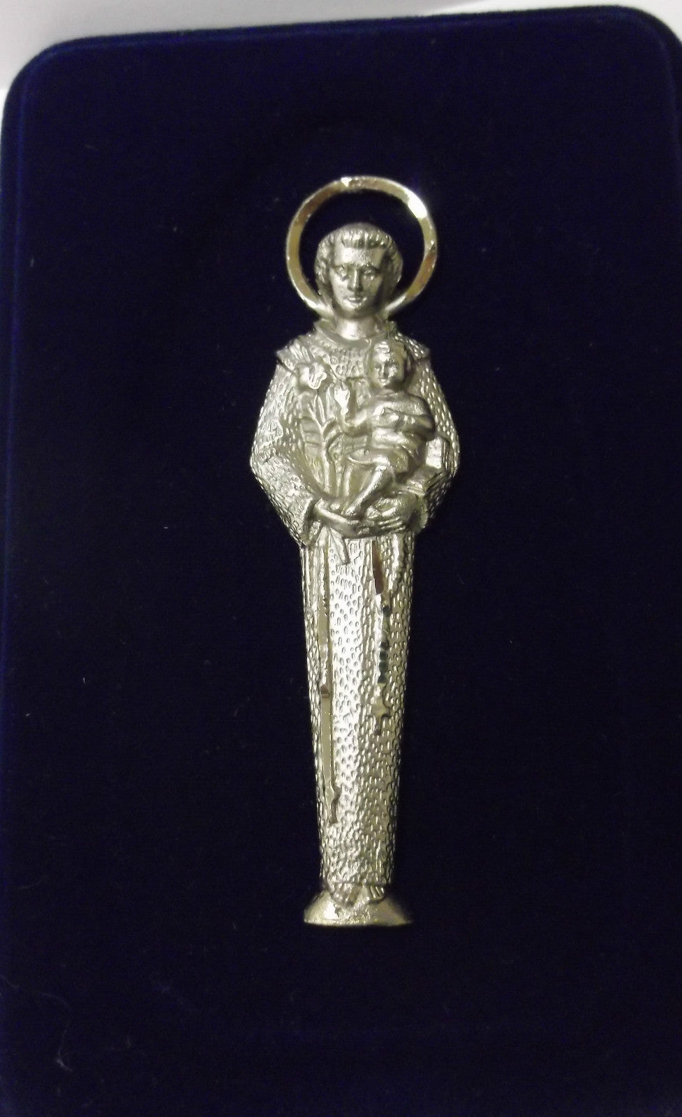 Saint Anthony Pewter Image Engraved on Navy Blue Velvet Frame, New - Journeys of Faith