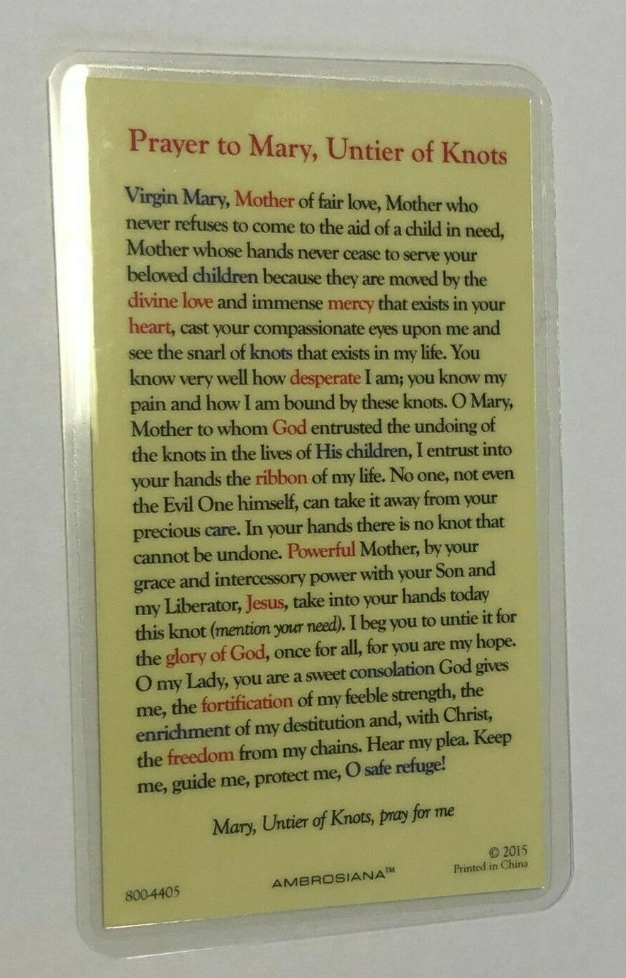 Our Lady Undoer (Untier) of Knots Laminated Prayer Card, New #PCL-26 - Journeys of Faith