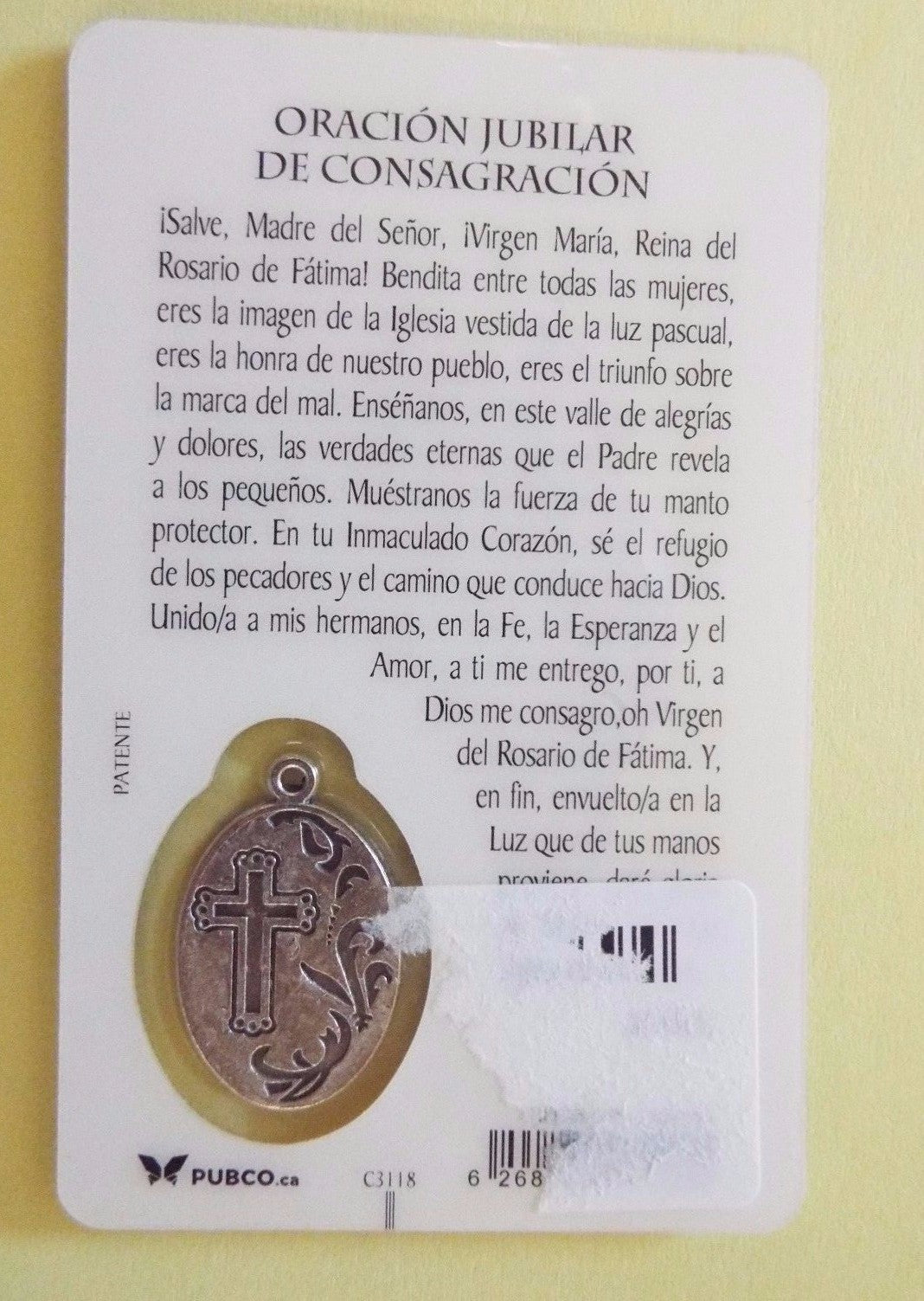 Nuestra Señora de Fátima, Estampita de Consagración con Medalla, De Fátima, - Journeys of Faith