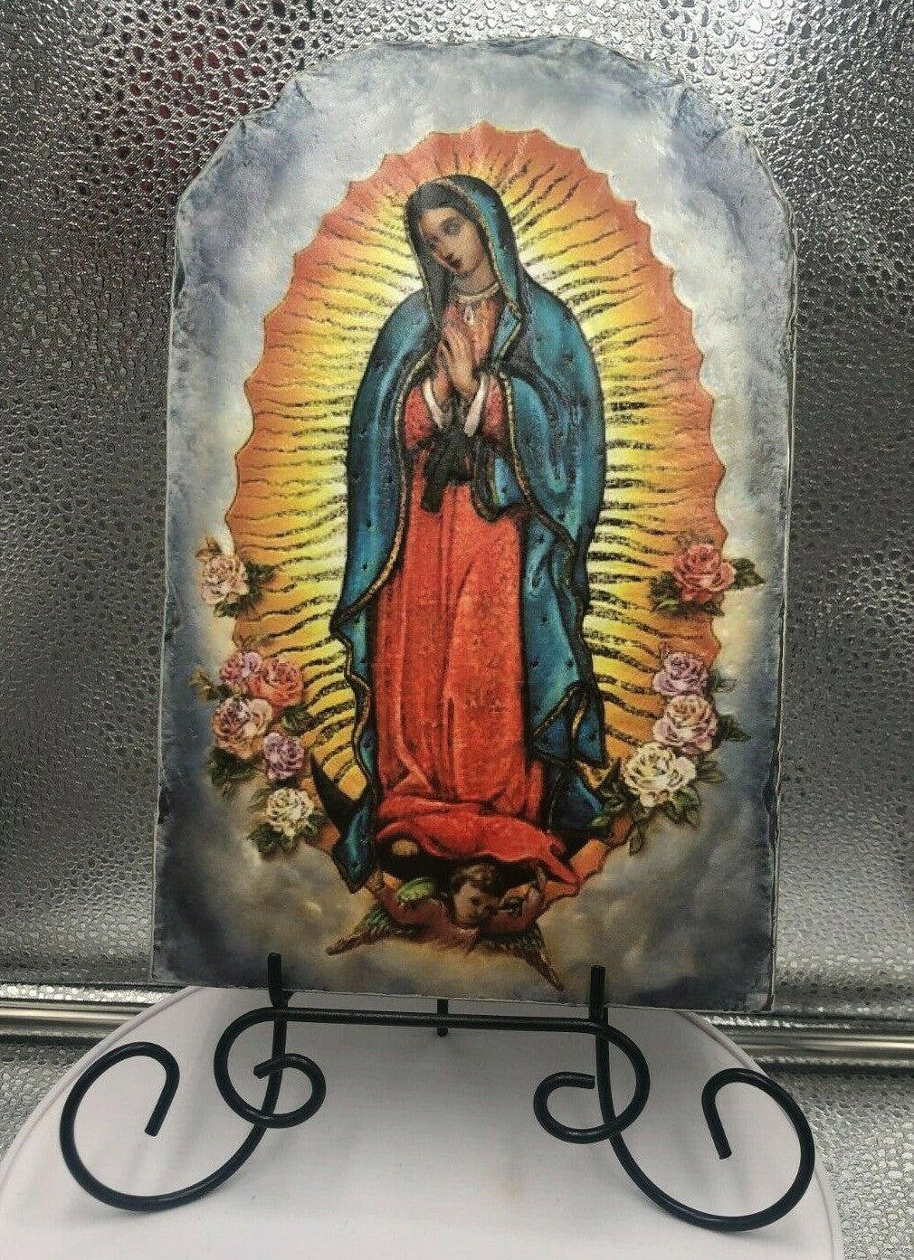 Our Lady of Guadalupe Arched Tile Plaque with metal stand, New #AB-187 - Journeys of Faith