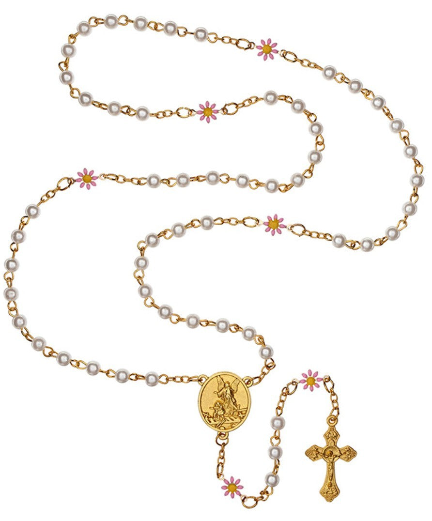 Faux Pearl with Daisies Guardian Angel & St Christopher Rosary, New Gftshp-94 - Journeys of Faith