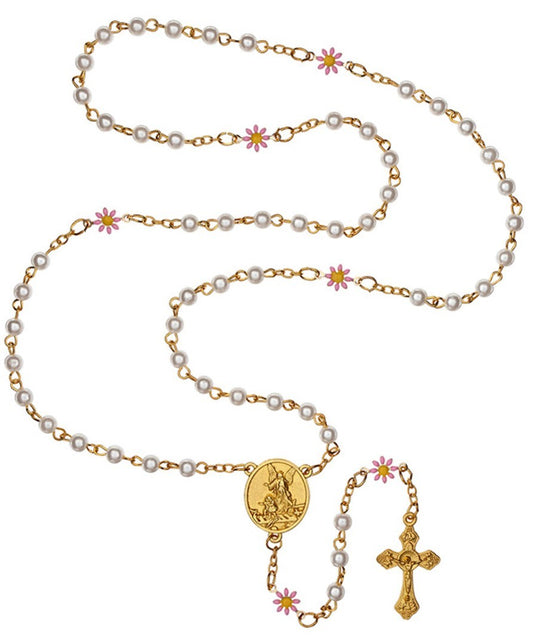 Faux Pearl with Daisies Guardian Angel & St Christopher Rosary, New Gftshp-94 - Journeys of Faith