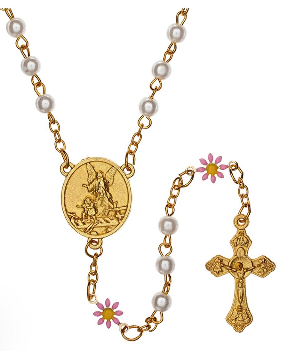 Faux Pearl with Daisies Guardian Angel & St Christopher Rosary, New Gftshp-94 - Journeys of Faith