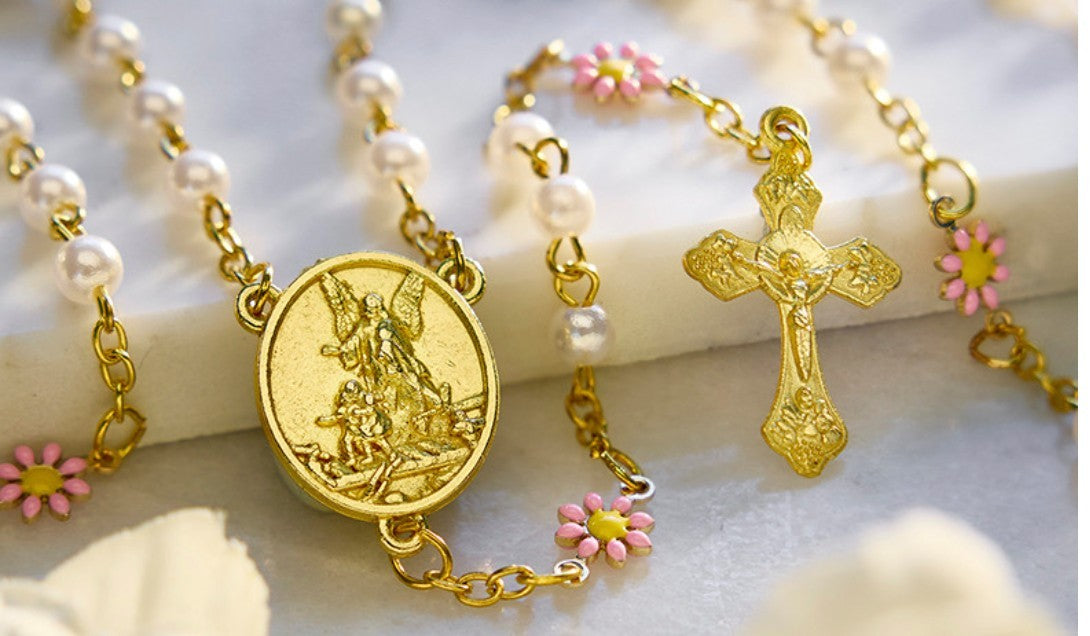 Faux Pearl with Daisies Guardian Angel & St Christopher Rosary, New Gftshp-94 - Journeys of Faith