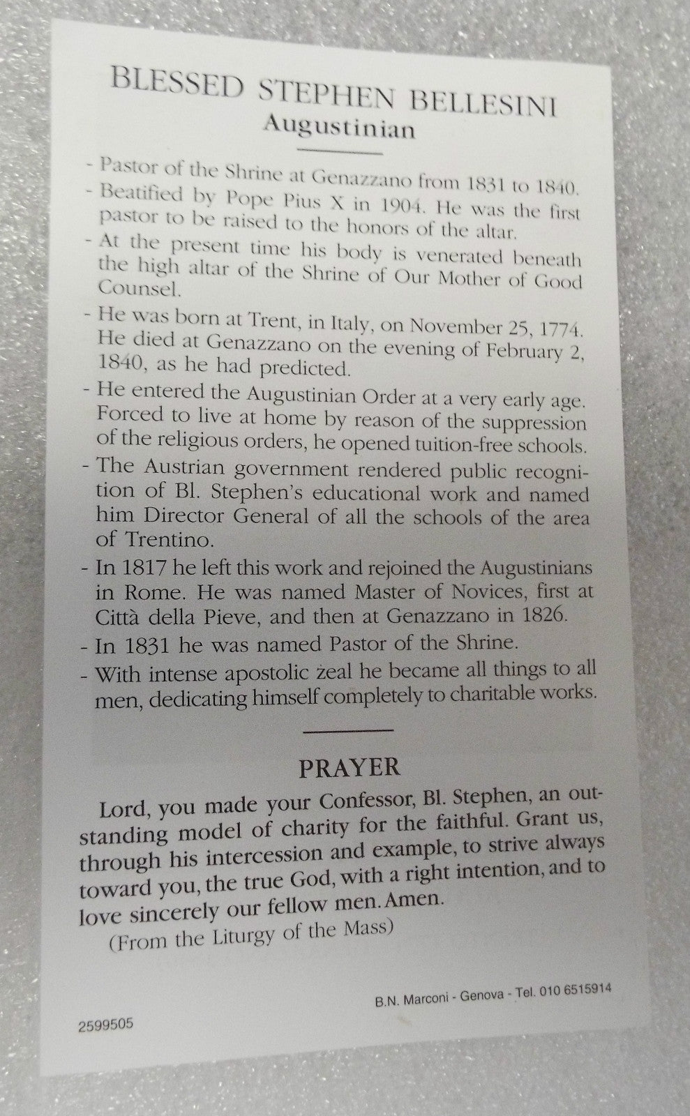 Blessed Stephen Bellesini Prayer Card, from Italy New - Journeys of Faith