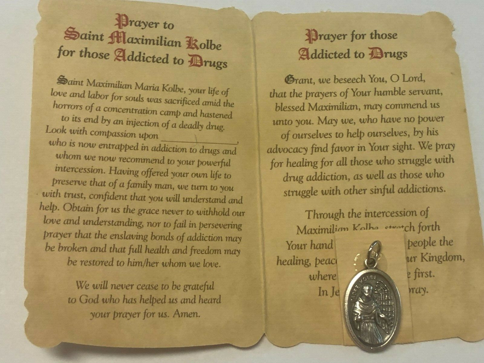 Saint Maximilian Kolbe(Patron St of Drug Addicts) Prayer Card+Medal, New#PCM-022 - Journeys of Faith