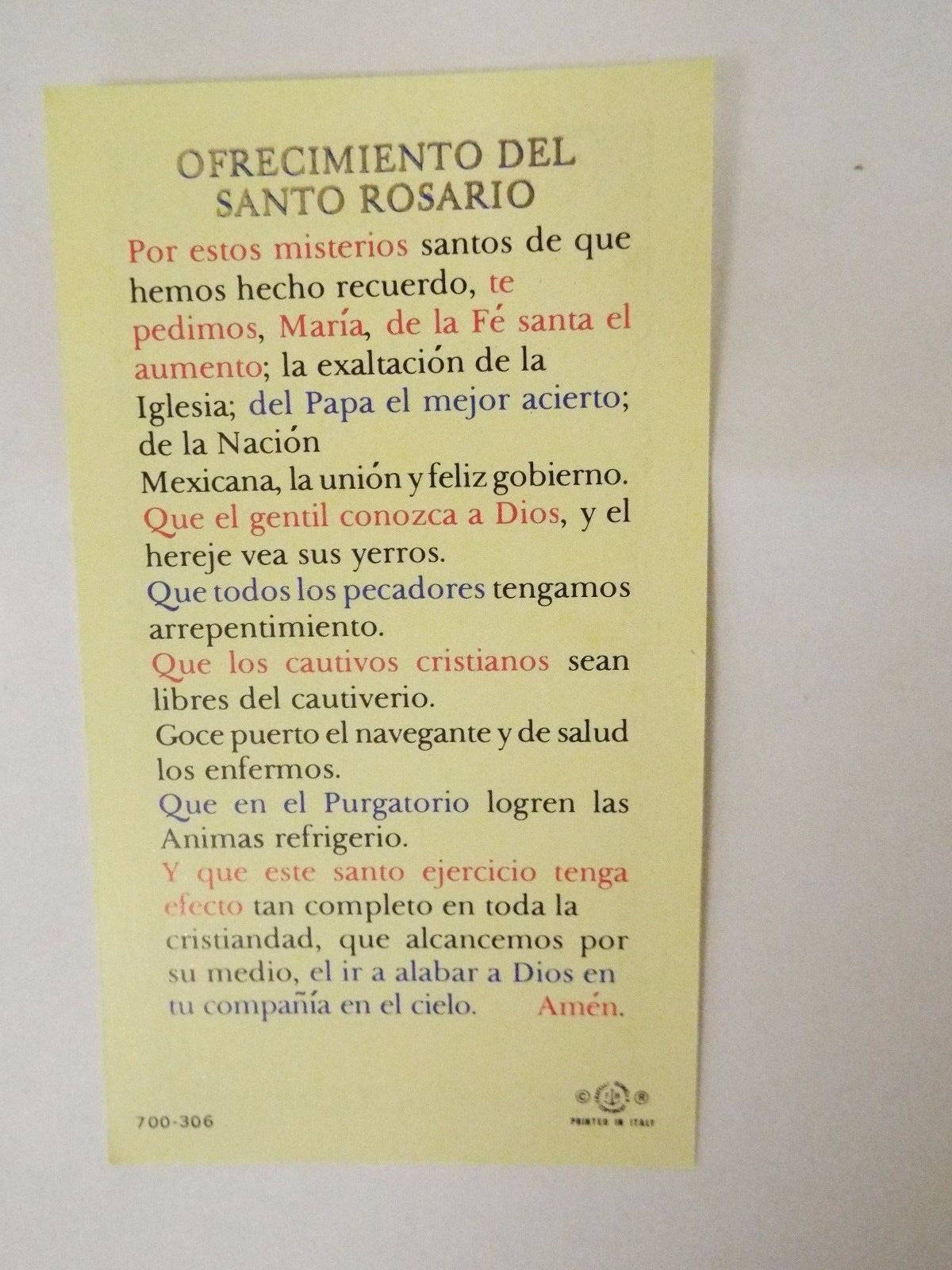 Estampa de oración Ofrecimiento del Santo Rosario/Spanish Prayer Card, New - Journeys of Faith