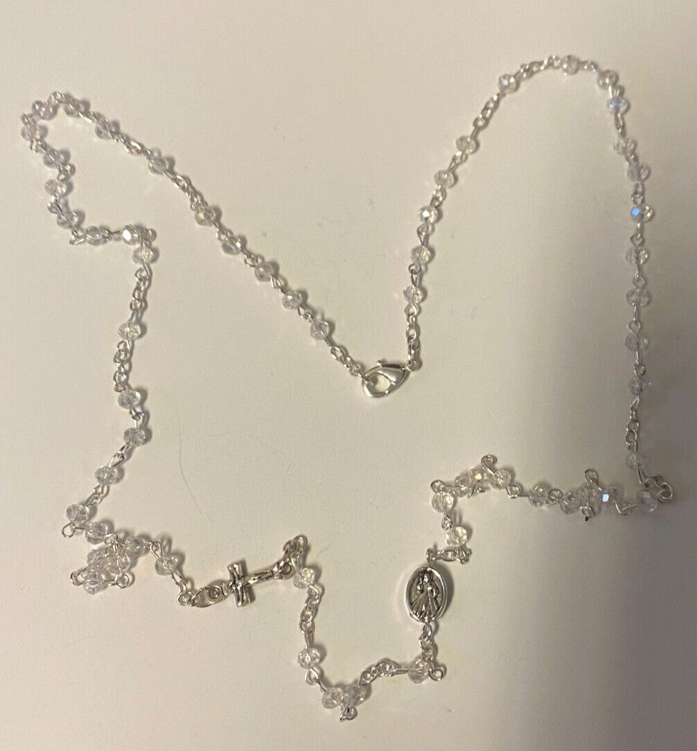 Divine Mercy Clear Glass Beads Rosary Necklace, New #MD-039 - Journeys of Faith