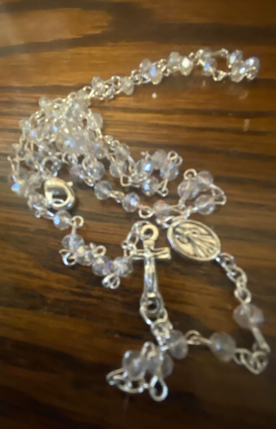 Divine Mercy Clear Glass Beads Rosary Necklace, New #MD-039 - Journeys of Faith