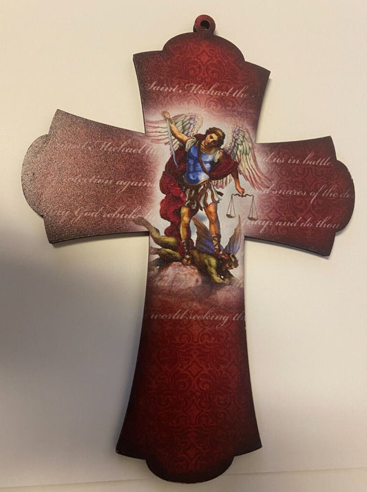 Saint Michael The Archangel 8" Laser Image on Thin Wood Cross, New #AB-128 - Journeys of Faith