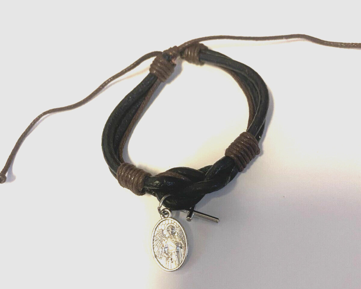Leather Cuff Bracelet with St Michael The Archangel Charm + Cross Charm, - Journeys of Faith
