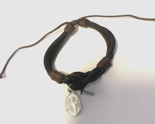 Leather Cuff Bracelet with St Michael The Archangel Charm + Cross Charm, - Journeys of Faith