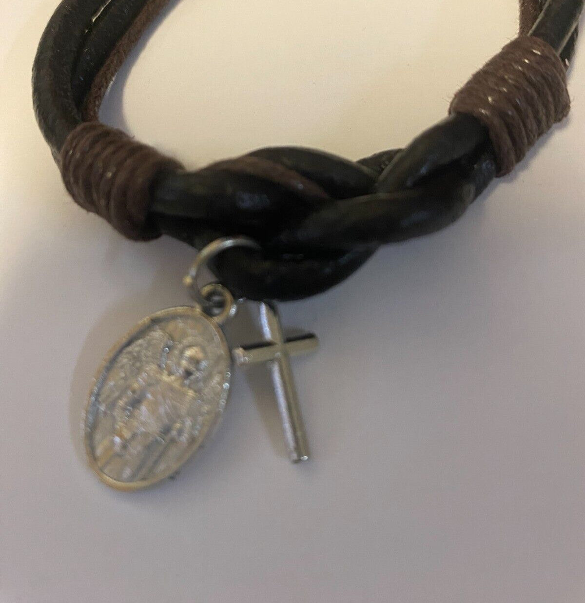Leather Cuff Bracelet with St Michael The Archangel Charm + Cross Charm, - Journeys of Faith