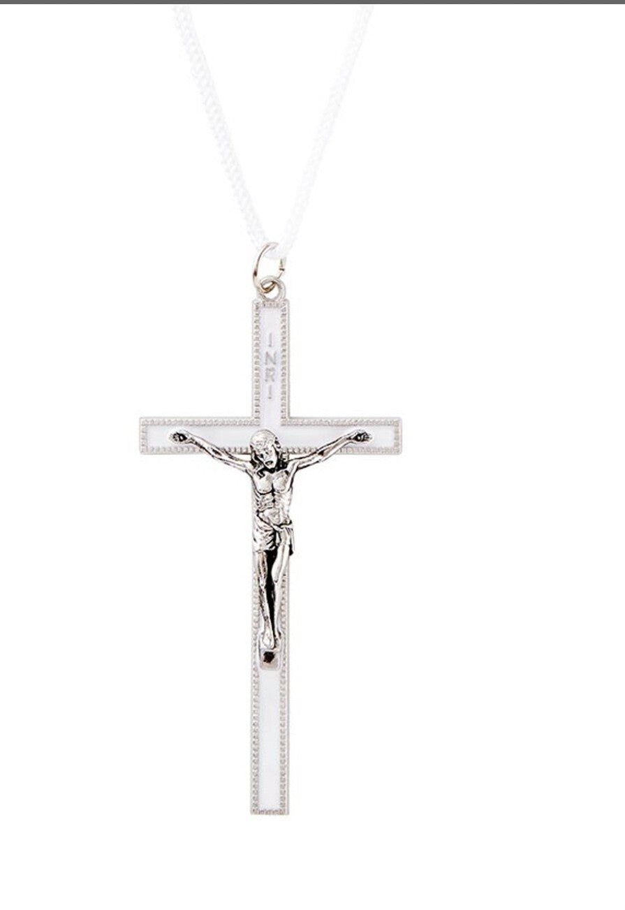 White Enamel 3.50" Cross with White Cord 1.50" Pendant#AB-049-3 - Journeys of Faith