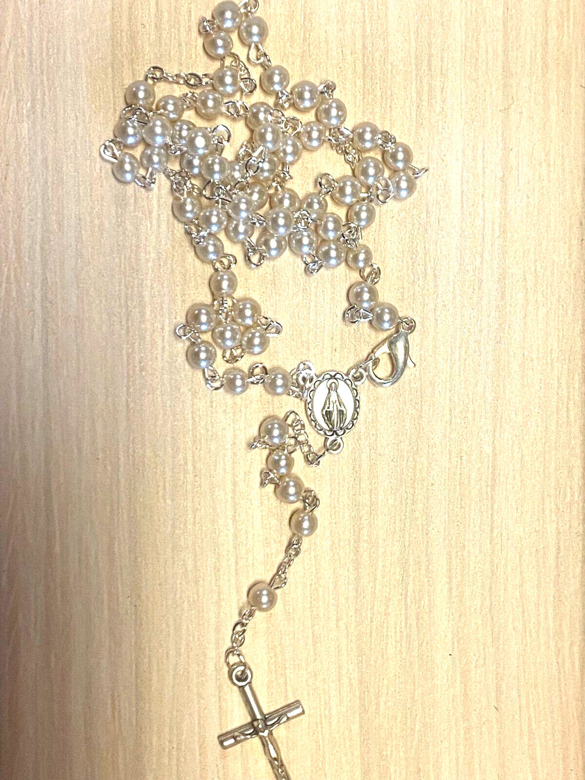 White Faux Pearl  Rosary 15" L , Necklace New from Jerusalem - Journeys of Faith