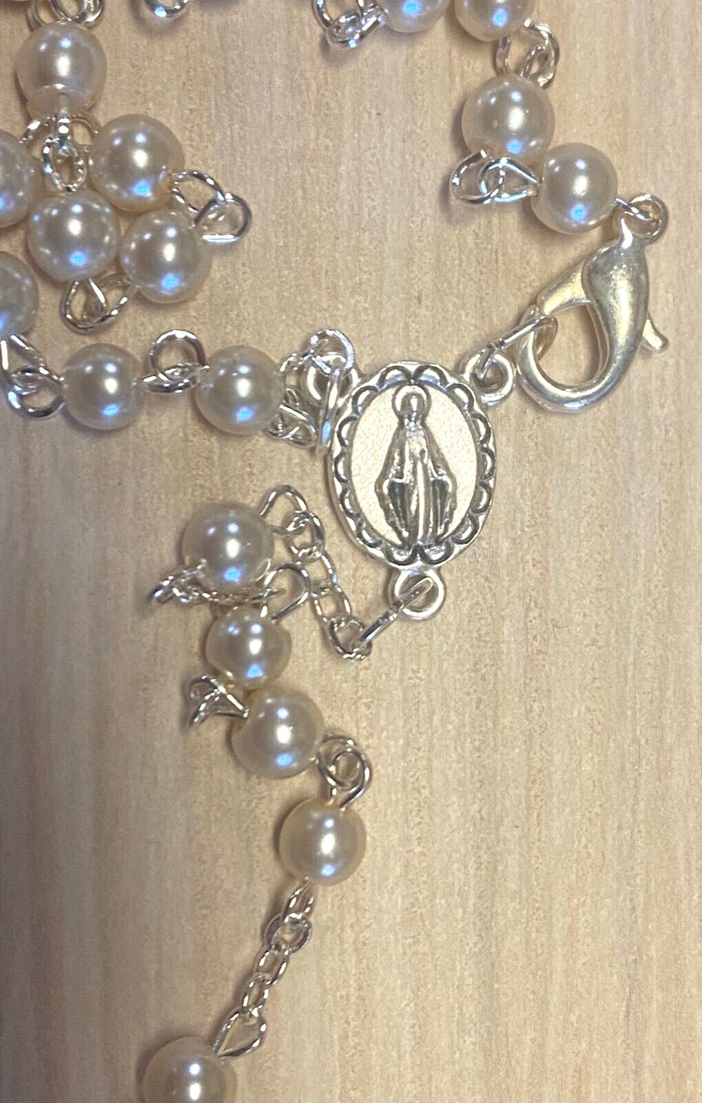White Faux Pearl  Rosary 15" L , Necklace New from Jerusalem - Journeys of Faith