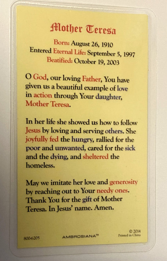 Saint Mother Teresa of Calcutta Laminated Prayer Card, New , #PCL-025 - Journeys of Faith