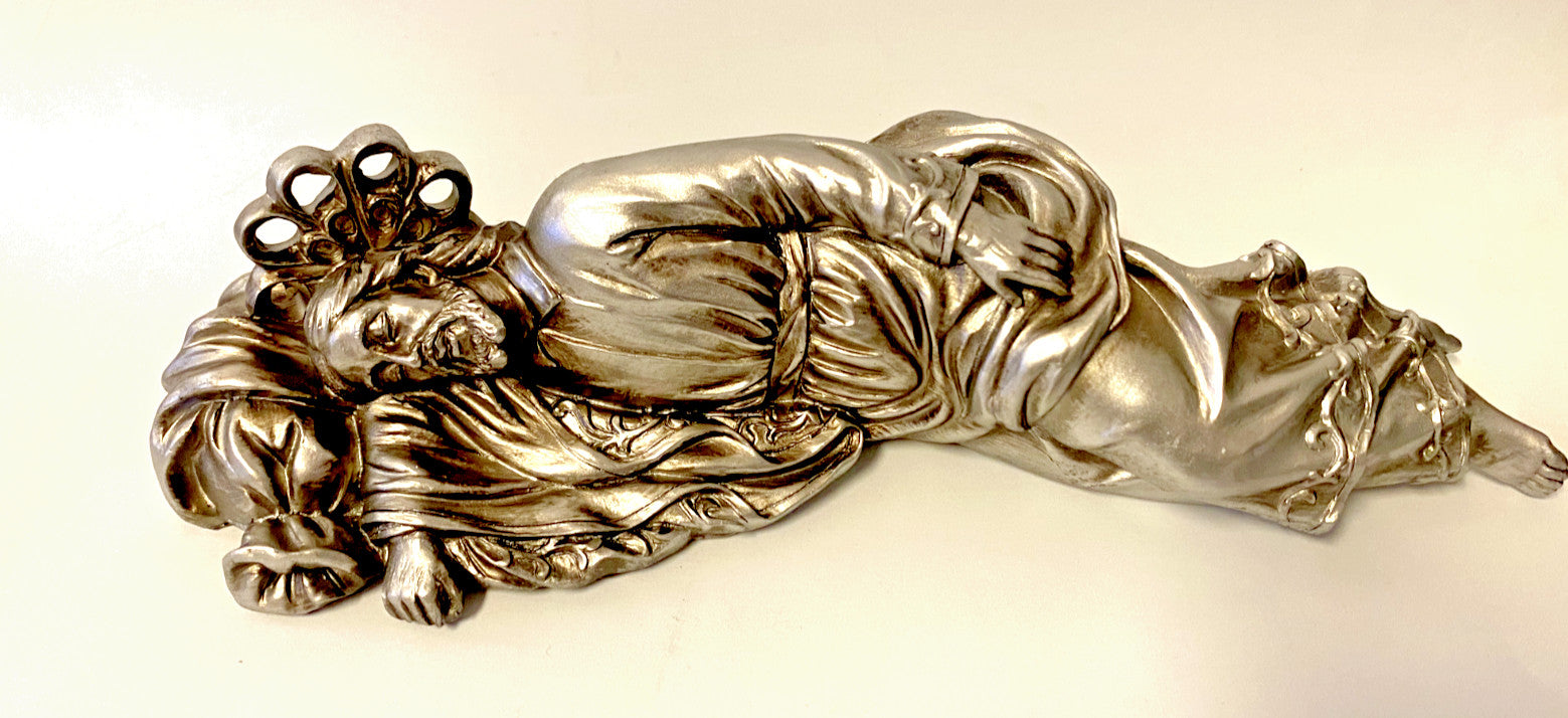 Antique silver resin Sleeping Saint Joseph statue, 8 inches tall, ideal for Christian religious collectibles and spiritual decor.