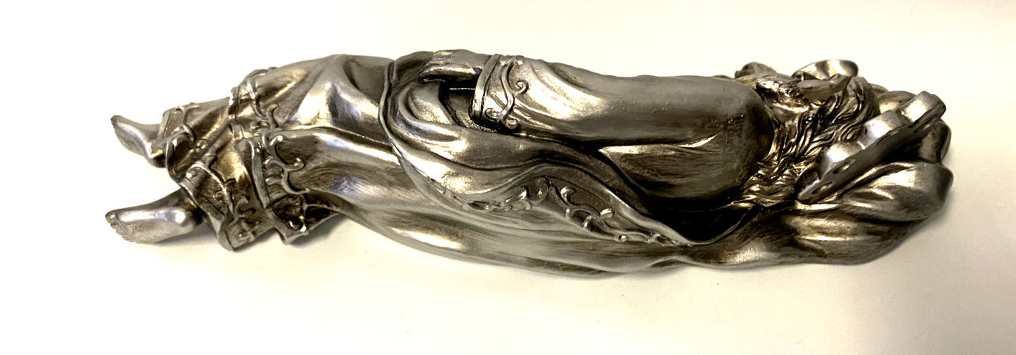 Antique silver resin Sleeping Saint Joseph statue, 8 inches tall, Christian religious figurine for spirituality and collectibles.