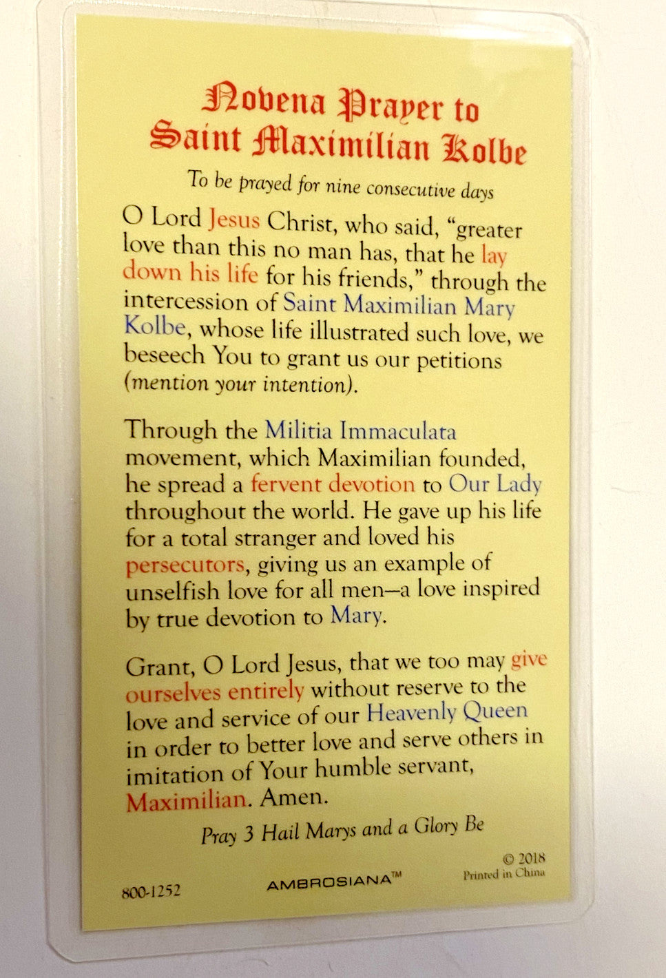 Saint Maximilian Kolbe,Laminated Prayer Card, New #PCL-33 - Journeys of Faith
