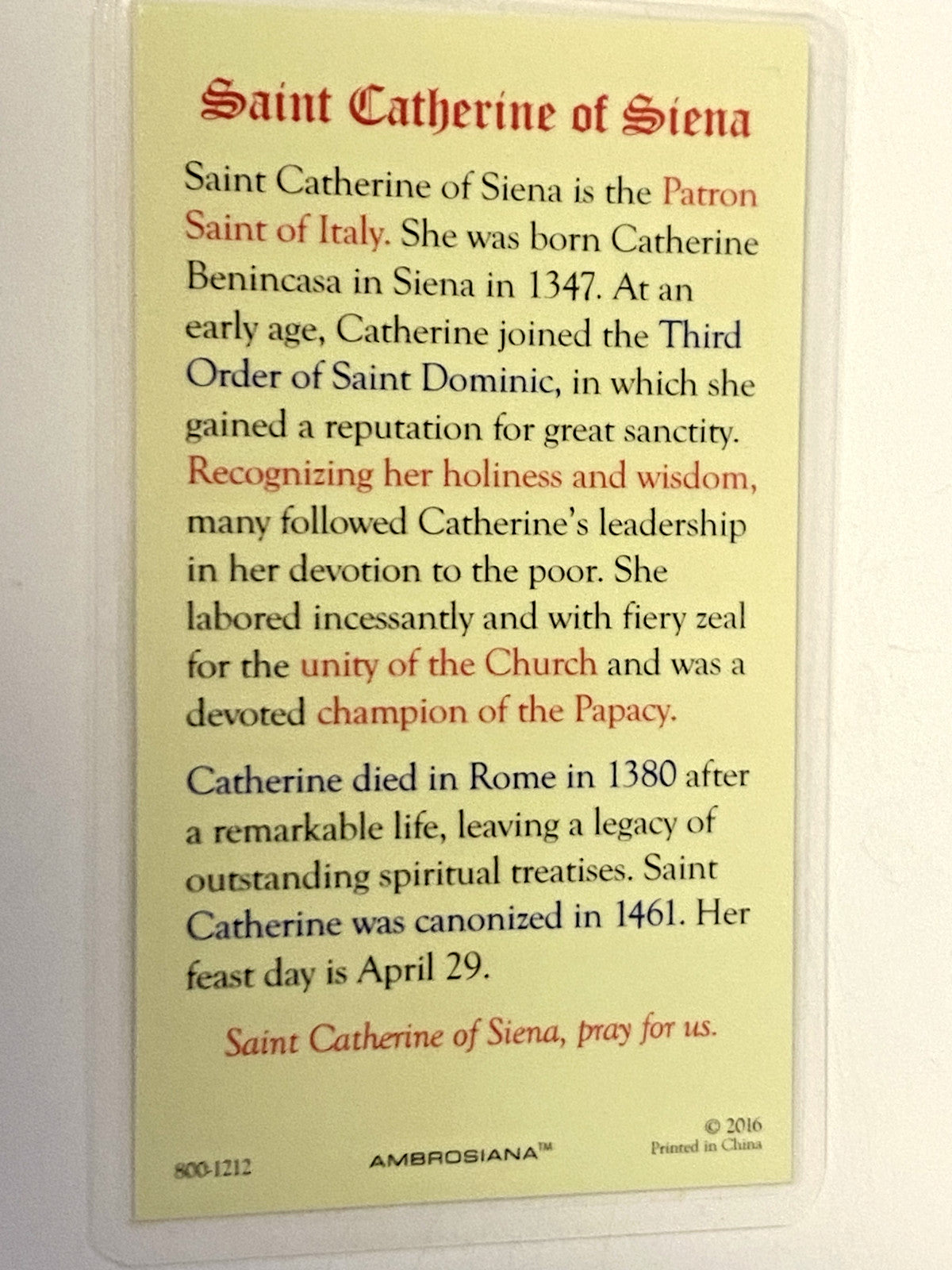 Saint Catherine of Siena Laminated Bio Card, New #PCL-04 - Journeys of Faith