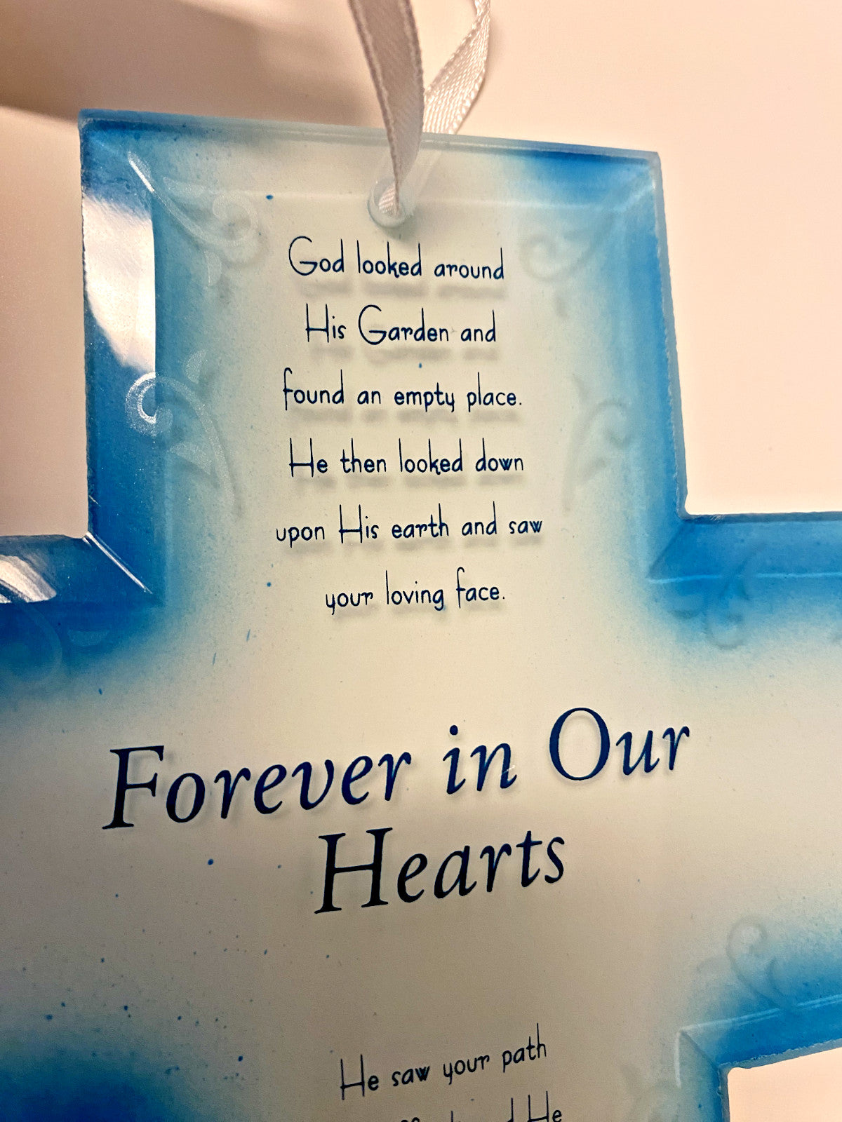 Blue Glass Cross with Broken Chain Poem, New #RM-028 - Journeys of Faith