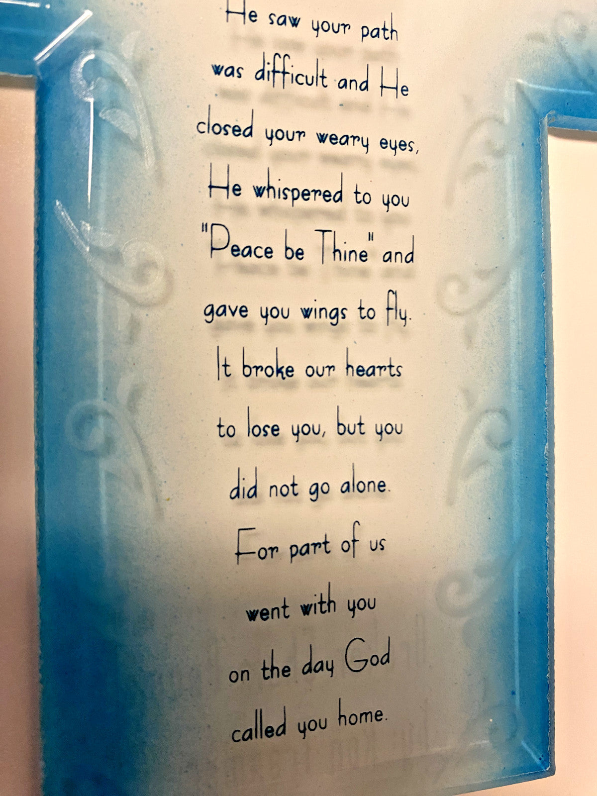 Blue Glass Cross with Broken Chain Poem, New #RM-028 - Journeys of Faith