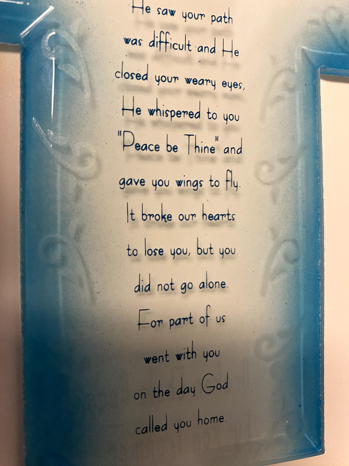 Blue Glass Cross with Broken Chain Poem, New #RM-028 - Journeys of Faith