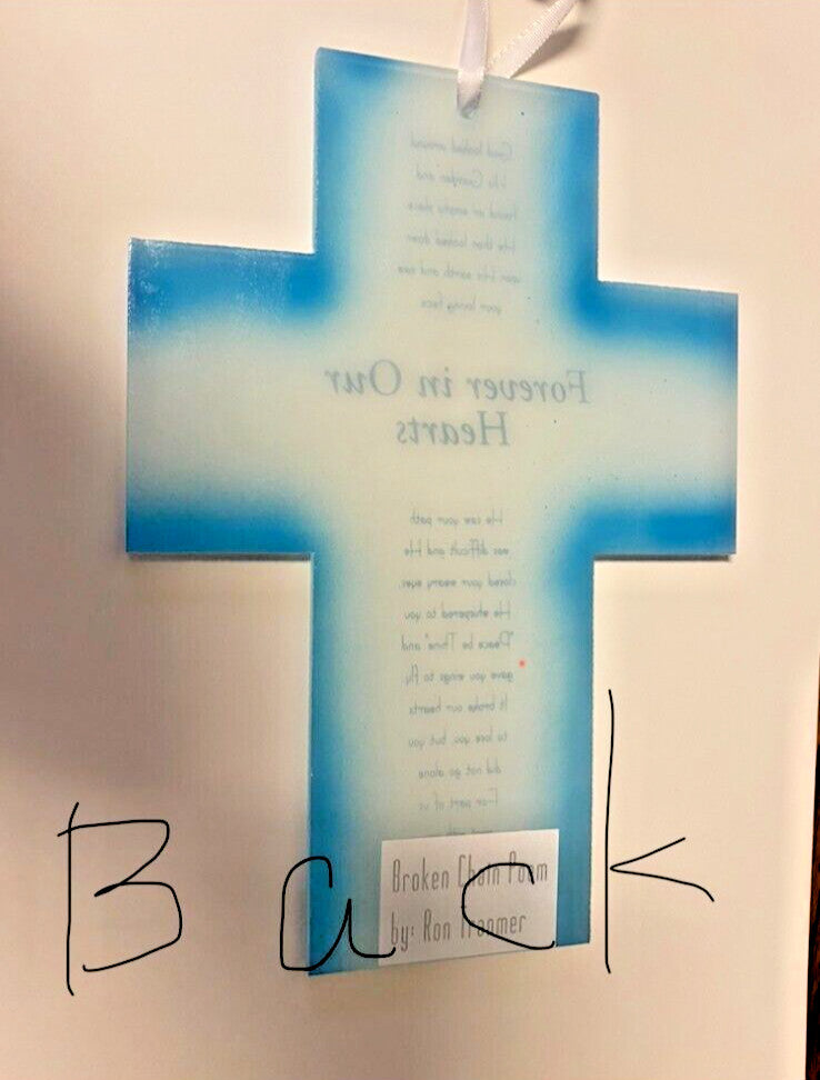 Blue Glass Cross with Broken Chain Poem, New #RM-028 - Journeys of Faith