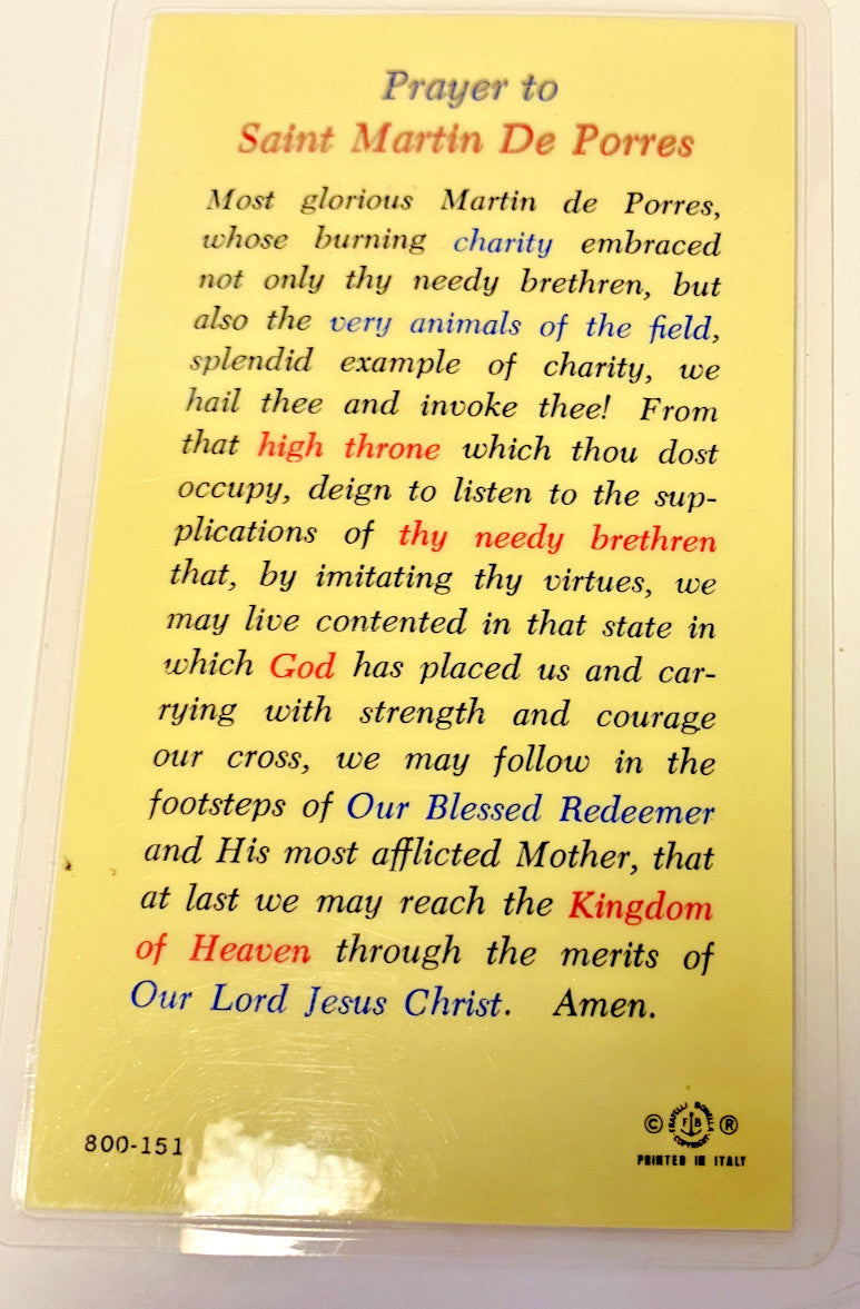 Saint Martin de Porres Laminated Prayer Card, New #PCL-53 - Journeys of Faith