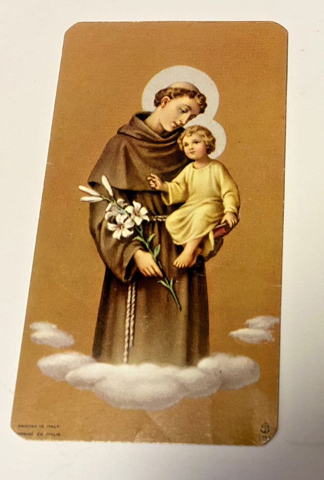 Saint Anthony of Padua prayer card from Italy, religious collectible featuring detailed Christian artwork and spiritual imagery.