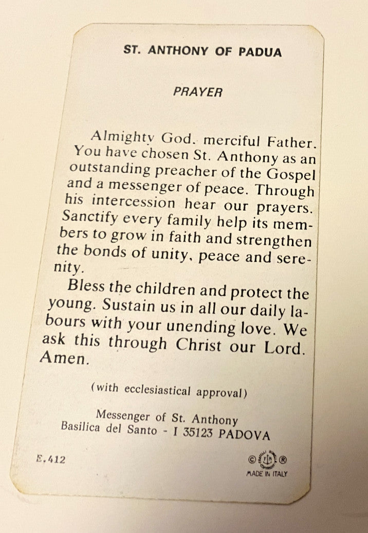 Saint Anthony of Padua prayer card from Italy, religious collectible featuring Christian imagery, by Journeys of Faith.