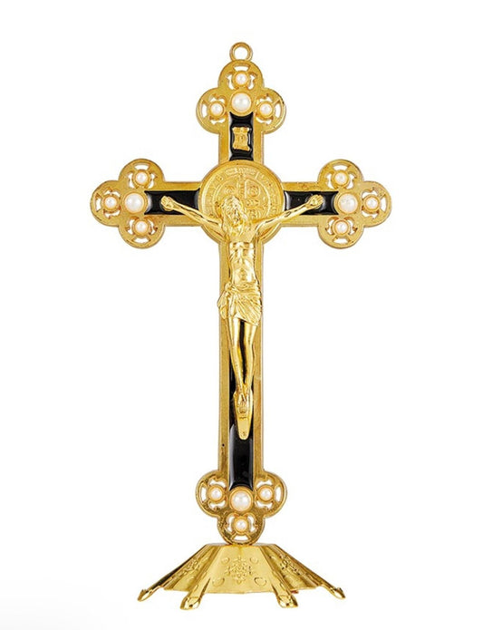 Saint Benedict Black & Gold with Pearls 8.75" Standing Crucifix, New #AB-241 - Journeys of Faith