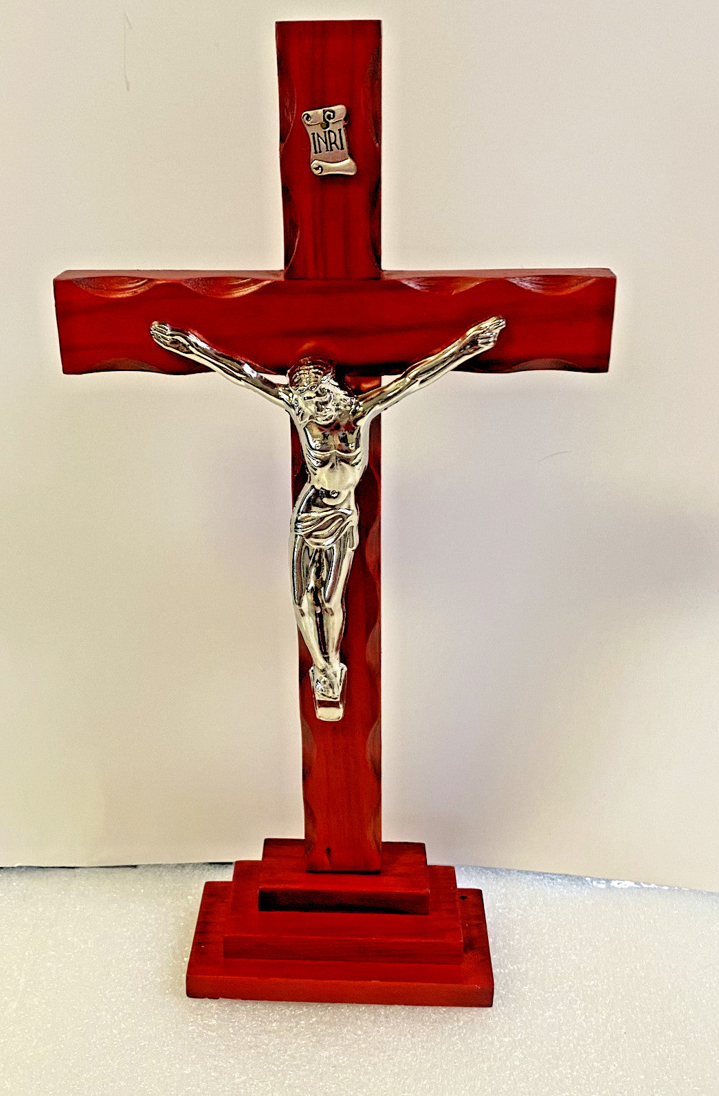 Cherry finish standing wood crucifix, 13-inch Christian religious cross from Bob and Penny Lord Journeys of Faith collection.