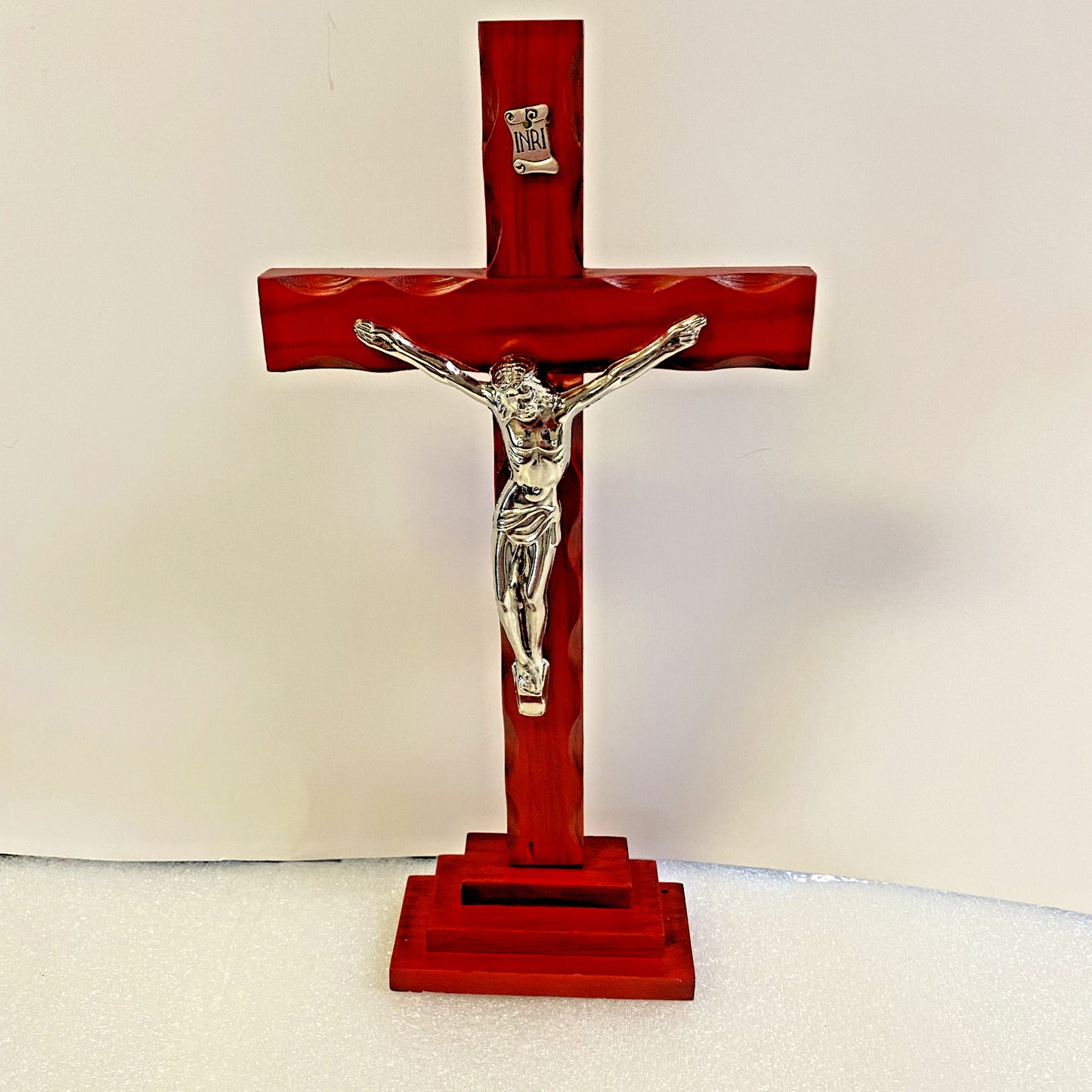 Cherry finish wooden standing crucifix, 13-inch Christian religious symbol by Bob and Penny Lord Journeys of Faith.