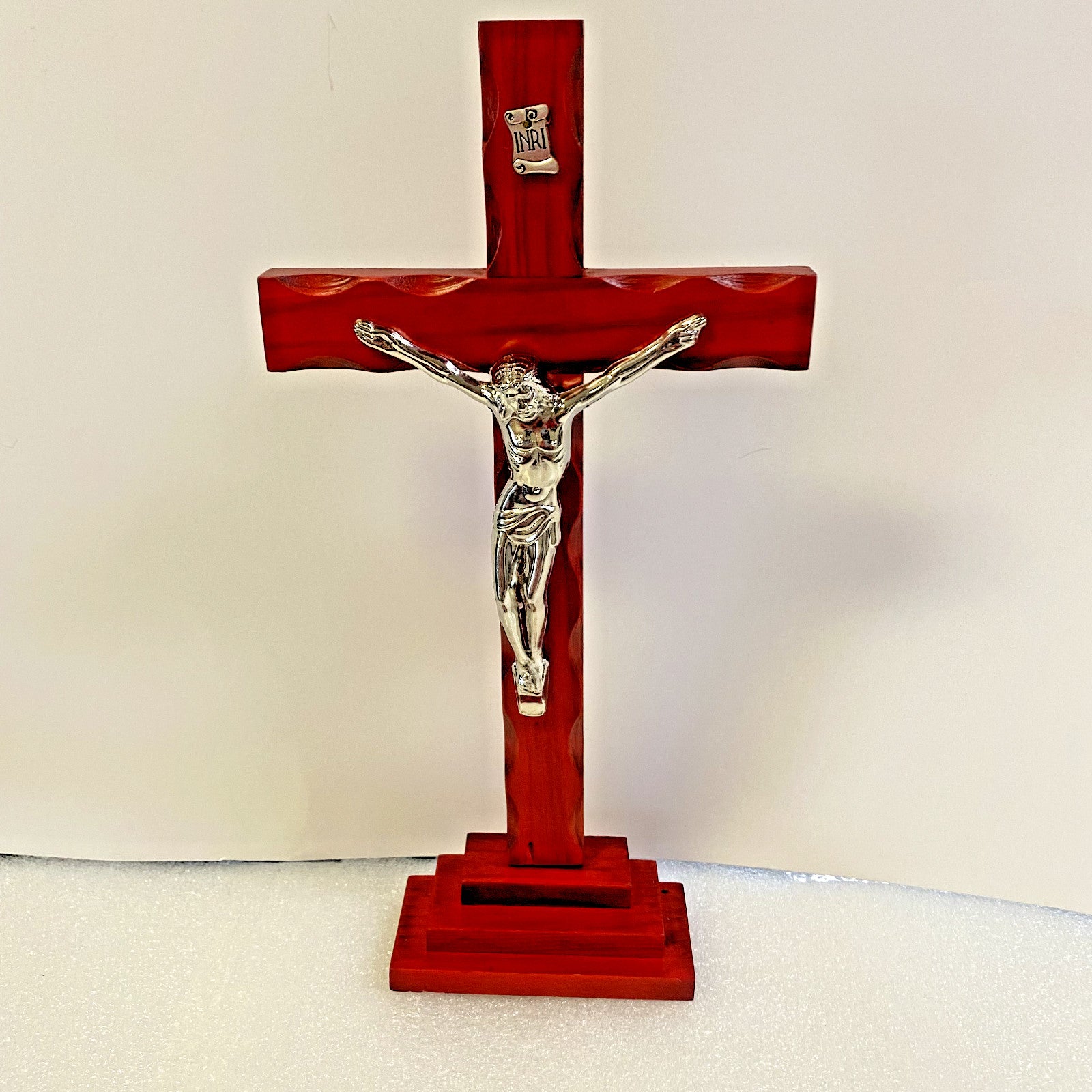 Cherry finish wooden standing crucifix, 13-inch Christian religious symbol by Bob and Penny Lord Journeys of Faith.