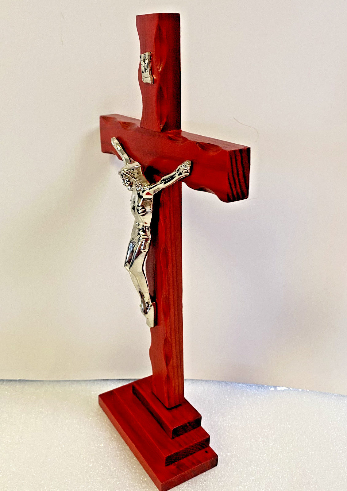 Cherry finish standing wooden 13-inch crucifix by Bob and Penny Lord Journeys of Faith, featuring a detailed Christian cross.
