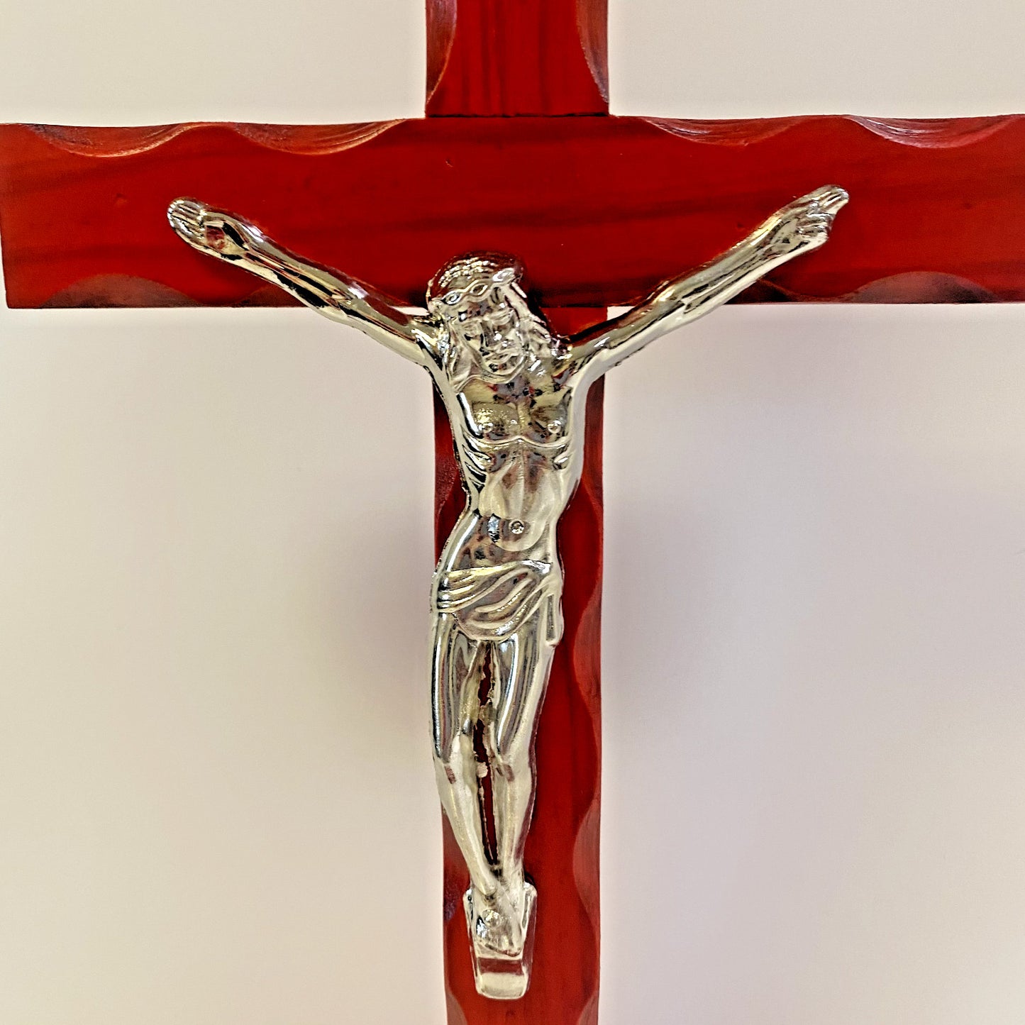Cherry finish standing wood crucifix, 13-inch Christian religious cross with detailed craftsmanship, from Bob and Penny Lord Journeys of Faith.