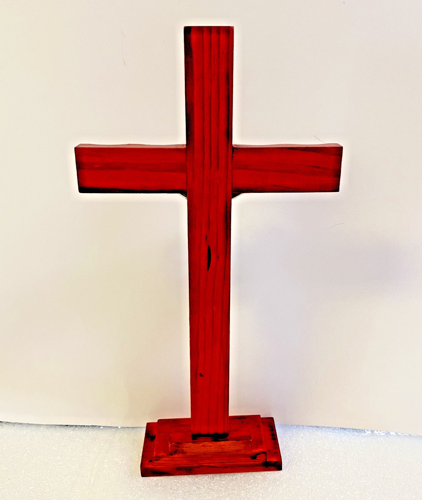 Cherry finish standing wood crucifix, 13-inch Christian religious symbol, crafted by Bob and Penny Lord Journeys of Faith.