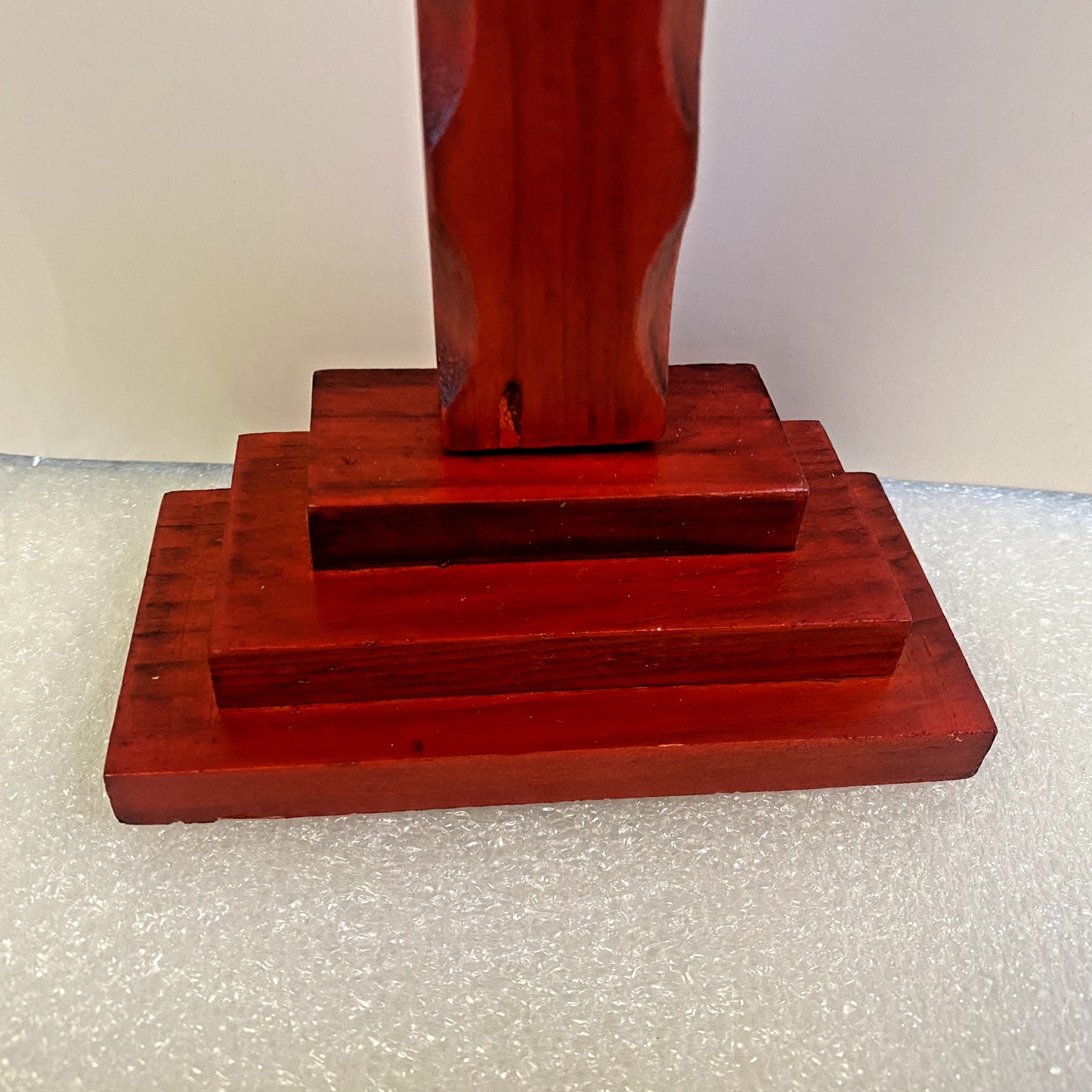Cherry finish standing wood crucifix, 13 inches tall, from Bob and Penny Lord Journeys of Faith, used as Christian religious decor.