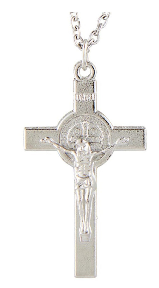 Saint Benedict Silver Crucifix  24" Necklace,  New #AB-094 - Journeys of Faith