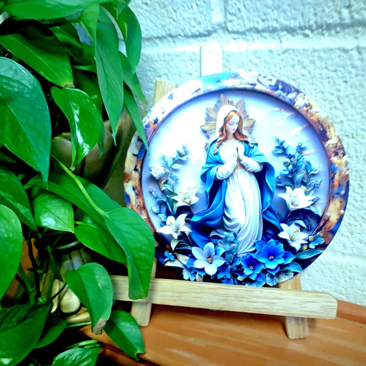 Bl Mother Mary Image (Blue & Lilies) on Aluminum 8" Image, New #ALM-016-R2 - Journeys of Faith